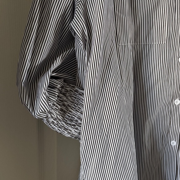 Striped Button-Down Blouse w/ Smocked Cuffs & Pockets - Picture 3 of 3